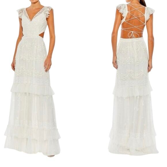 Mac Duggal 9167 Ruffled Cap Sleeve Cut Out Tiered Gown Sz 6 New w/ Tag MSRP $598 - Picture 1 of 12